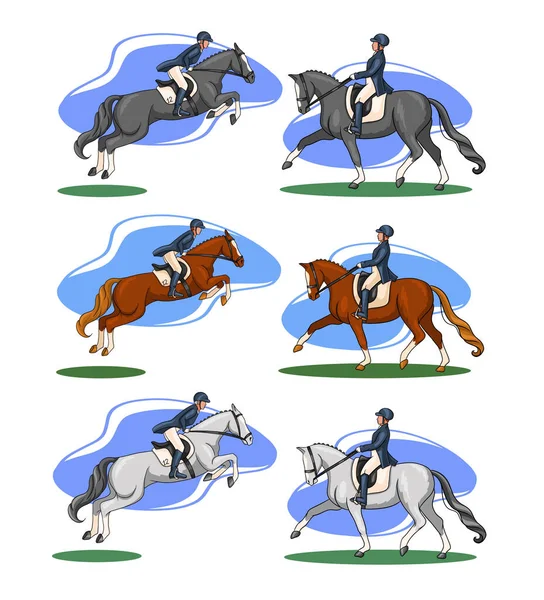 Horseback Riding Dressage Show Jumping Set Woman Riding Horse Performs — Stock Vector