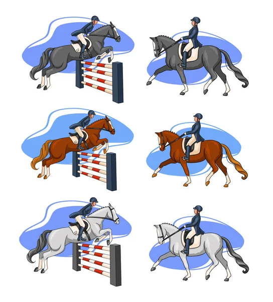 乗馬だ ドレッシングとショージャンプ セットだ 馬に乗っている女性は 馬場馬術の要素を実行し 障害物を飛び越える ロゴデザイン ポストカード用ベクトルイラスト — ストックベクタ