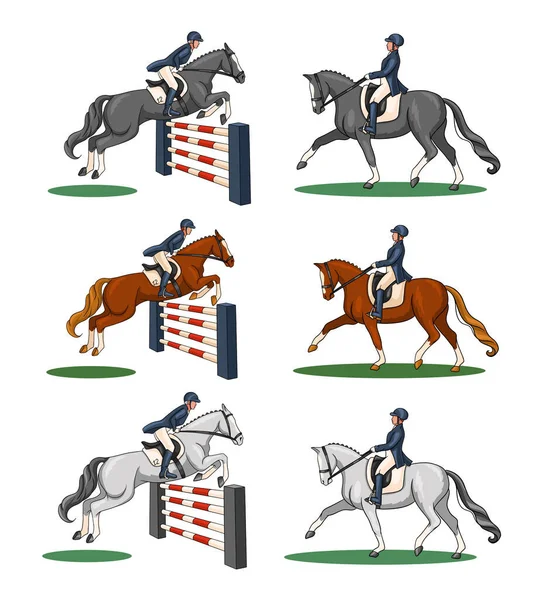 Jazda Konna Ujeżdżenie Skoki Gotowe Kobieta Ujeżdżająca Konia Wykonuje Element — Wektor stockowy
