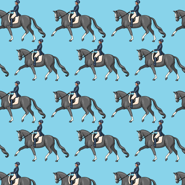 Horseback riding. Seamless pattern. Pattern with horses. Woman riding a horse. Cartoon style. For design and decoration.