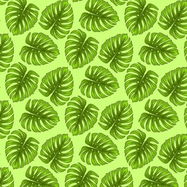 Çizgi film tarzında egzotik yaprakları olan tropik, pürüzsüz bir desen. Tasarım ve arkaplan için parlak yaz baskısı.