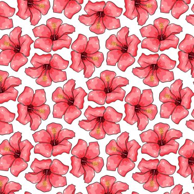 Çizgi film tarzında egzotik çiçekli tropik desenler. Tasarım ve arkaplan için parlak yaz baskısı.