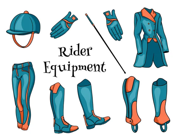 Traje jinete un conjunto de ropa para un jinete botas pedjak pantalones casco látigo en estilo de dibujos animados — Vector de stock