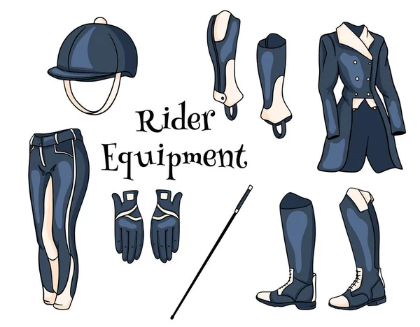 Outfit rider a set of clothes for a jockey boots pedjak pants whip helmet in cartoon style — Stock Vector