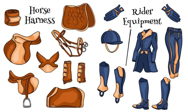 Stor uppsättning utrustning för ryttare och ammunition för hästen illustration i tecknad film — Stock vektor