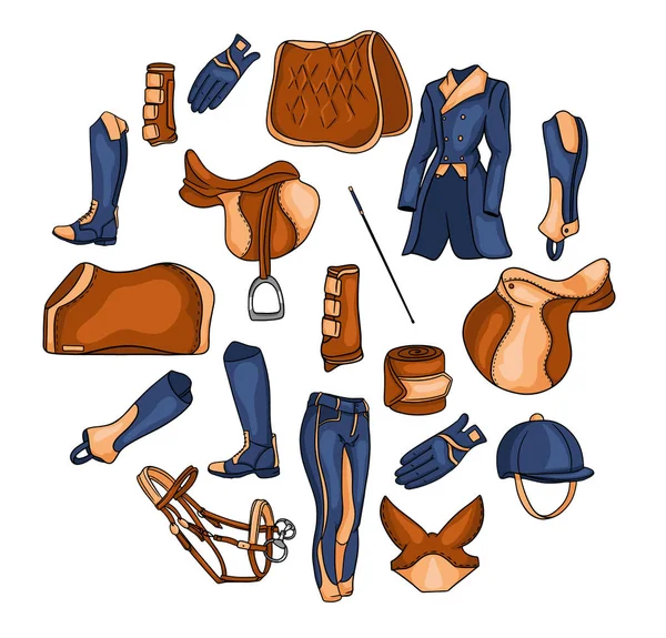 Grande conjunto de equipamentos para o cavaleiro e munição para a ilustração cavalo em desenhos animados —  Vetores de Stock