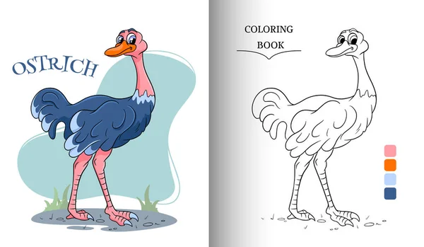 Zvířecí Charakter Legrační Pštros Kresleném Stylu Omalovánky Stránku Dětská Ilustrace — Stockový vektor