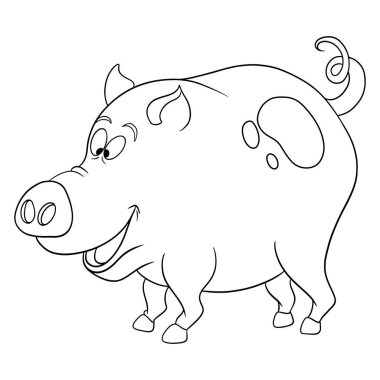 Çizgi boyama kitabında hayvan karakteri komik domuz. Çocuk çizimi. Kitap dekorasyonu ve tasarımı için beyaz arkaplanda izole edilmiş vektör.