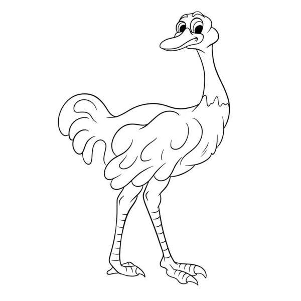 动物性格滑稽鸵鸟在线条风格的彩绘书 儿童的例证 在白色背景上隔离的矢量 用于图书装饰和设计 — 图库矢量图片