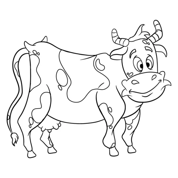 动物性格滑稽奶牛在线条风格色彩书里 儿童的例证 在白色背景上隔离的矢量 用于图书装饰和设计 — 图库矢量图片