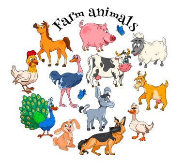 Çiftlik hayvanları çizgi filmlerdeki büyük kırsal hayvan karakterleri. At, domuz, ördek, tavuk, tavşan, devekuşu, inek, keçi, tavus kuşu, eşek, koyun, köpek. Çocuk çizimi. Dekorasyon ve tasarım için.