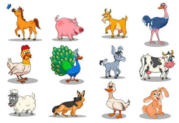 農場の動物の文字の漫画農村動物の大きなセットです アヒル ウサギ ダチョウ 子供のイラスト 装飾とデザインのために — ストックベクタ