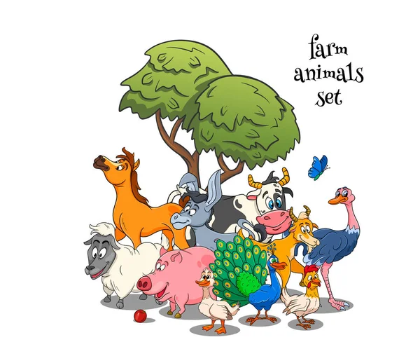 Farm Állatok Karakterek Nagy Készlet Rajzfilm Vidéki Állatok Disznó Kacsa — Stock Vector