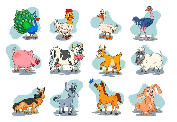 農場の動物の文字の漫画農村動物の大きなセットです アヒル ウサギ ダチョウ 子供のイラスト 装飾とデザインのために — ストックベクタ