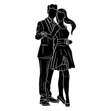 Kız ve erkek sarılıyorlar. Siluet. Elbiseli bir kız. Takım elbiseli adam. Moda. Tasarım ve dekorasyon için..