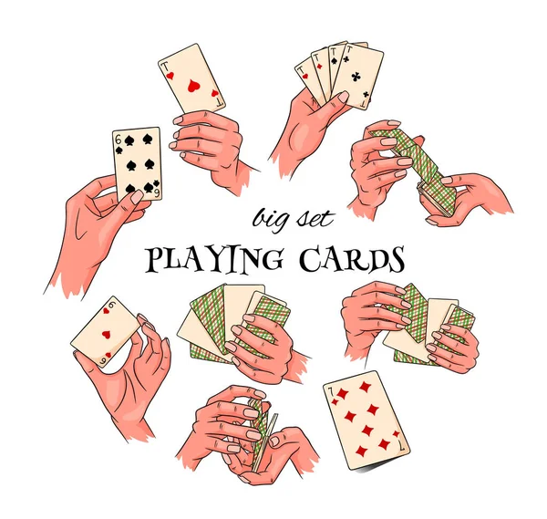 Jeu Jouer Aux Cartes Main Casino Fortune Chance Grand Ensemble — Image vectorielle