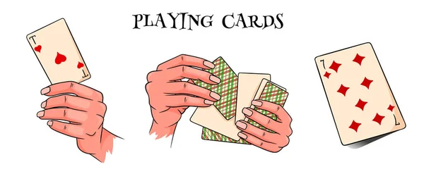 Apostando Jugando Cartas Mano Casino Fortuna Suerte Gran Set Estilo — Vector de stock