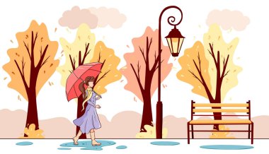 Merhaba sonbahar afişi. Şemsiyeli bir kız sonbahar parkında yürüyor..