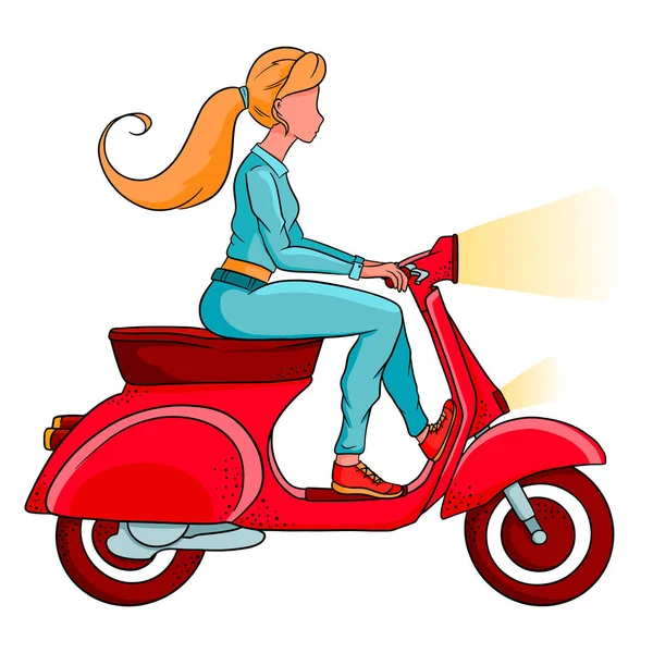 若いブロンドの女の子が赤いスクーターに乗ってる 漫画風 デザインと装飾のためのベクトルイラスト — ストックベクタ