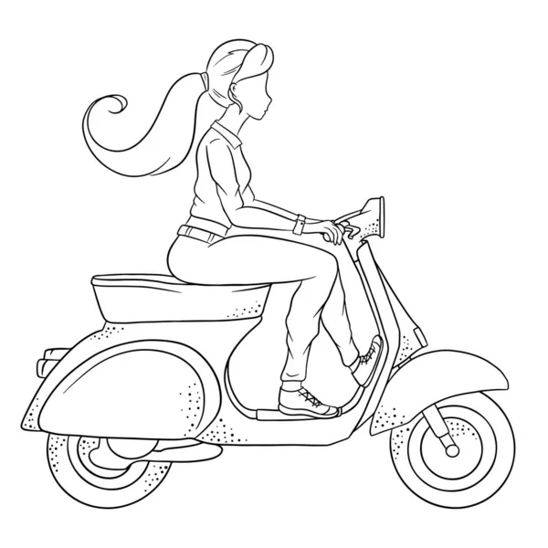 スクーターに乗っている若い女の子 ラインスタイル デザインと装飾のためのベクトルイラスト — ストックベクタ
