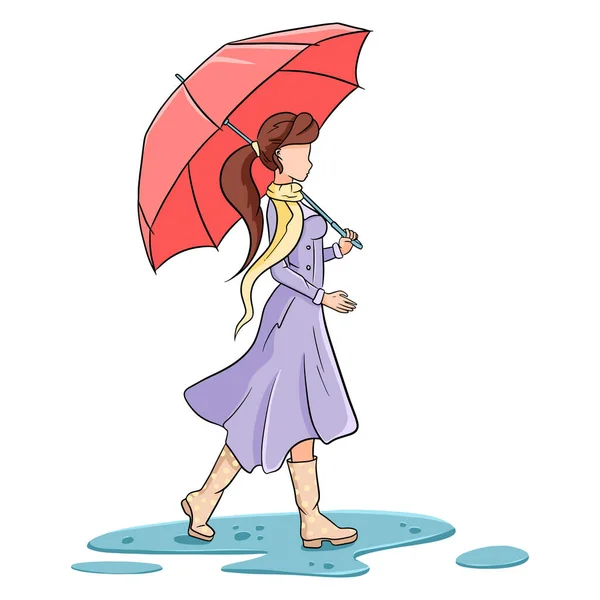 Young Girl Umbrella Walk Autumn Rain Cartoon Style Vector Illustration — Stock Vector