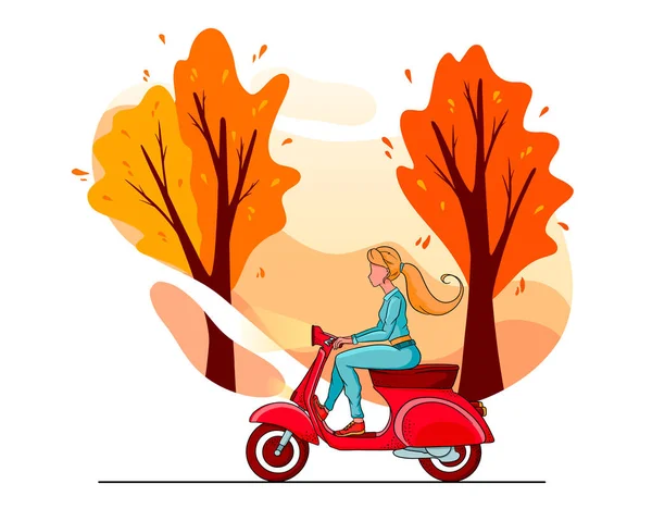 Arbres Parc Automne Une Fille Sur Scooter Rouge Cartoon Style — Image vectorielle