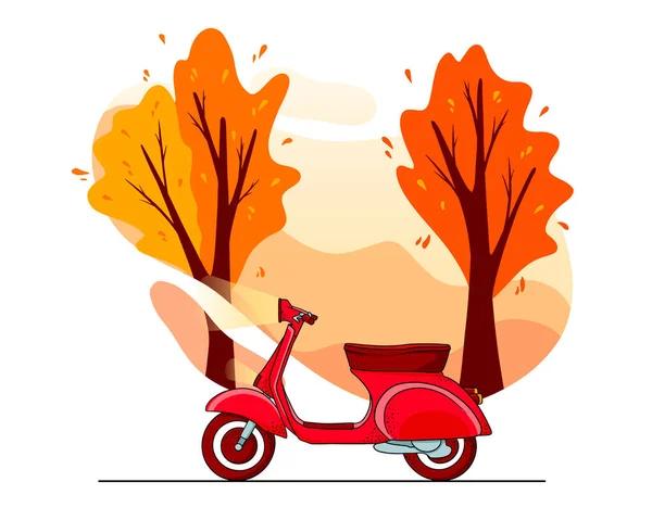 秋の背景 秋の公園の木 赤いスクーター 漫画風 デザインと装飾のためのベクトルイラスト — ストックベクタ