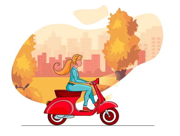 秋の公園の木、都市と赤いスクーターの女の子。漫画風. — ストックベクタ