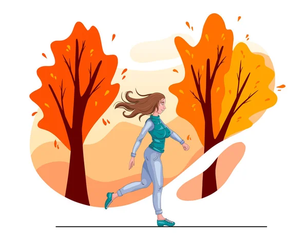 Осенний фон. Девушка бежит на фоне осеннего парка. — стоковый вектор