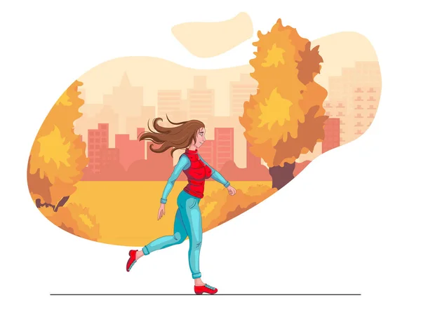 Осенний фон. Девушка бежит на фоне осеннего парка. — стоковый вектор