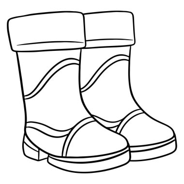 Yağmur koruması. Su birikintileri ve çamurda yürümek için iki lastik bot. Çizgi tarzı. Tasarım ve dekorasyon için vektör illüstrasyonu.