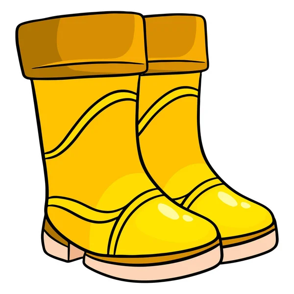 Rain Protection Two Yellow Rubber Boots Walking Puddles Mud Cartoon — Stock Vector
