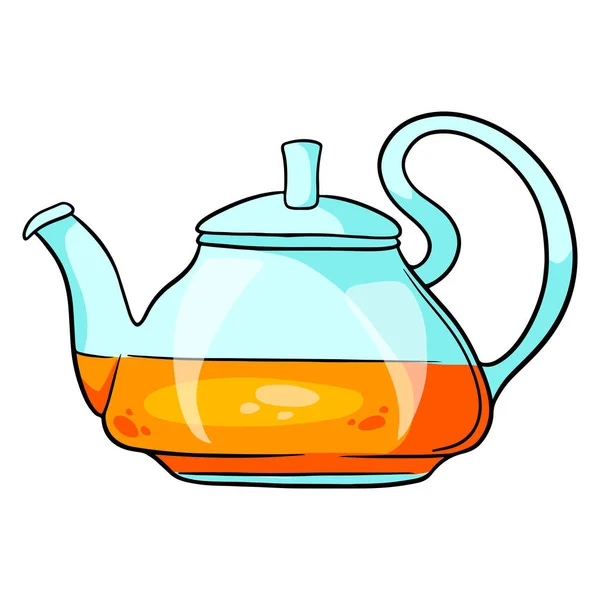 Breakfast Herbal Hot Tea Glass Teapot Cartoon Style Vector Illustration — Stock Vector