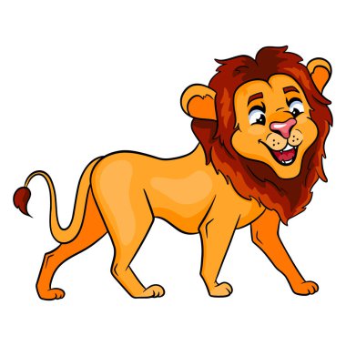 Çizgi film tarzında bir hayvan karakteri komik aslan. Çocuk çizimi. Tasarım ve dekorasyon için vektör illüstrasyonu.