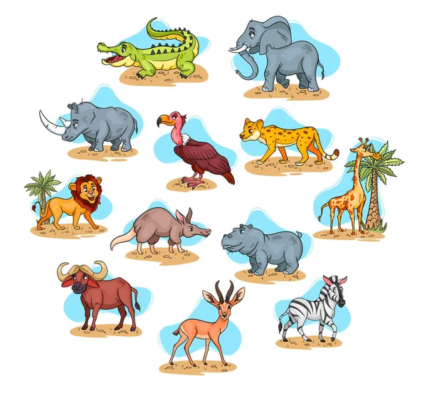 アフリカの動物の大規模なセット 漫画風の面白い動物の文字 子供のイラスト ベクトル集 — ストックベクタ