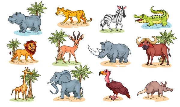 Grote Groep Afrikaanse Dieren Grappige Dierlijke Karakters Tekenfilmstijl Kinderillustratie Vectorverzameling — Stockvector