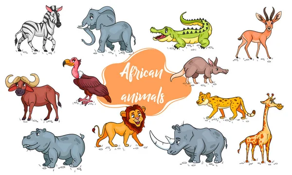 Ένα Μεγάλο Σετ Αφρικανικών Ζώων Αστείοι Χαρακτήρες Ζώων Στυλ Κινουμένων — Διανυσματικό Αρχείο