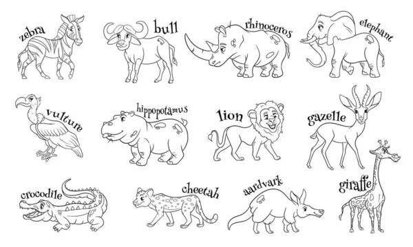 Grote groep Afrikaanse dieren. Grappige dierlijke karakters in lijn stijl. — Stockvector