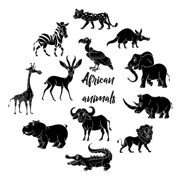 Grand ensemble d'animaux africains. Personnages drôles animaux silhouette. — Image vectorielle