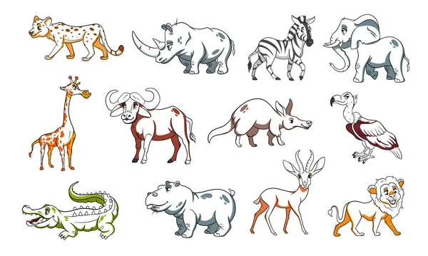 Grote groep Afrikaanse dieren. Grappige dierlijke karakters in lijn stijl. — Stockvector