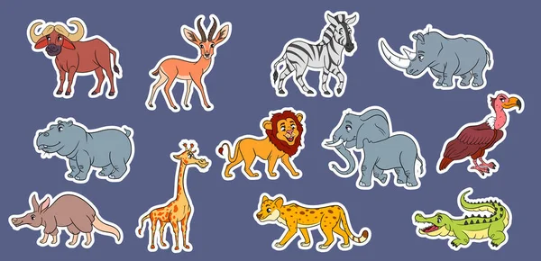 Grote groep Afrikaanse dieren. Grappige dierlijke karakters in stripstijl Stickers. — Stockvector