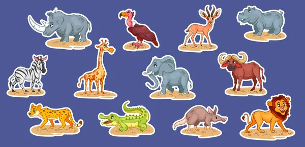Velká množina afrických zvířat. Funny animal characters in cartoon style Stickers. — Stockový vektor