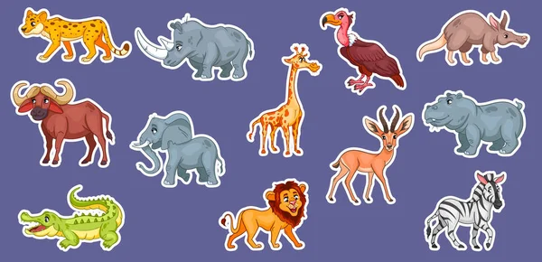 Velká množina afrických zvířat. Funny animal characters in cartoon style Stickers. — Stockový vektor