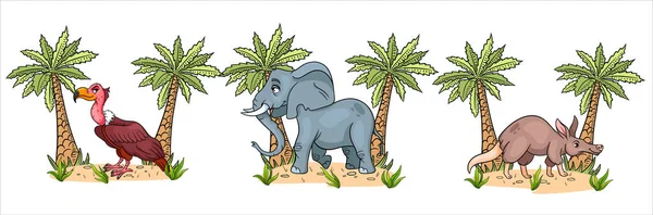 Vtipné postavy zvířata sup, slon, aardvark s dlaněmi v kresleném stylu. — Stockový vektor
