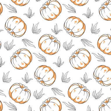 Balkabağı ve otla kusursuz desen. Bir çizgi şeklinde. Tasarım ve dekorasyon için..