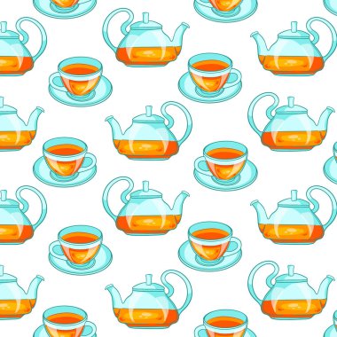 Çayla kusursuz desen. Çizgi film tarzında. Tasarım ve dekorasyon için..