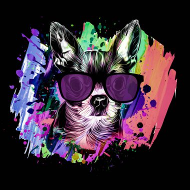 Siyah arkaplanda renkli yaratıcı unsurlarla gözlüklü şirin köpek kafası. 