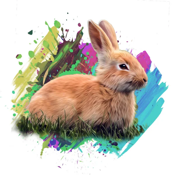 Lindo Conejo Sobre Fondo Blanco Con Elementos Creativos Coloridos — Foto de Stock