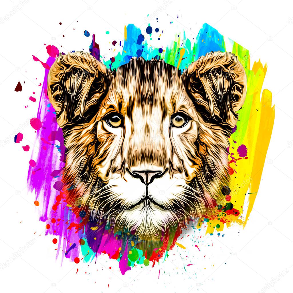 Tiger's head illustration on white background with colorful creative elements 