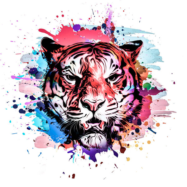 Bright abstract colorful background with tiger, paint splashes